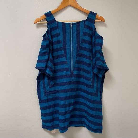 Soft Surroundings Tunic Blue Striped Sunset Cold Shoulder Linen Blend Sz S EUC - Picture 7 of 8